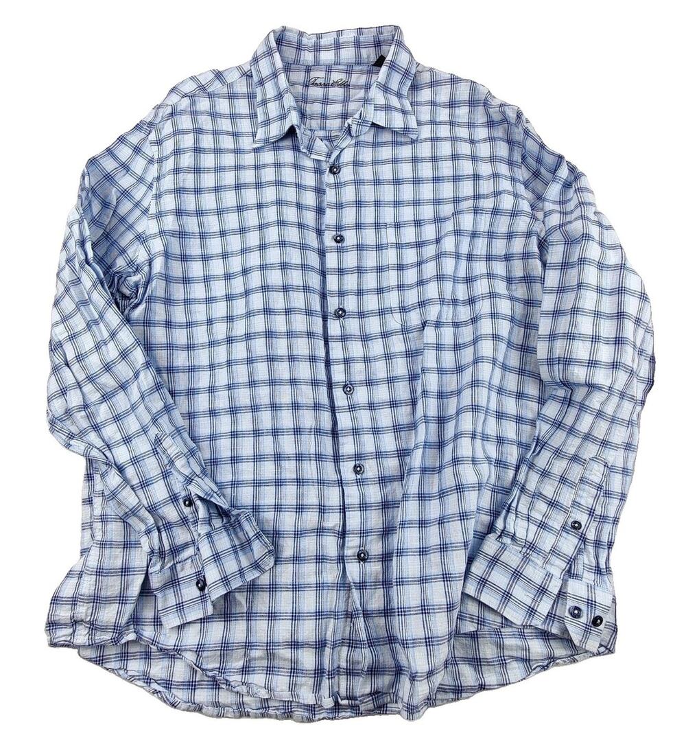 Tasso Elba Shirt Mens XL Blue Plaid Long Sleeve Button Up Linen Blend Casual